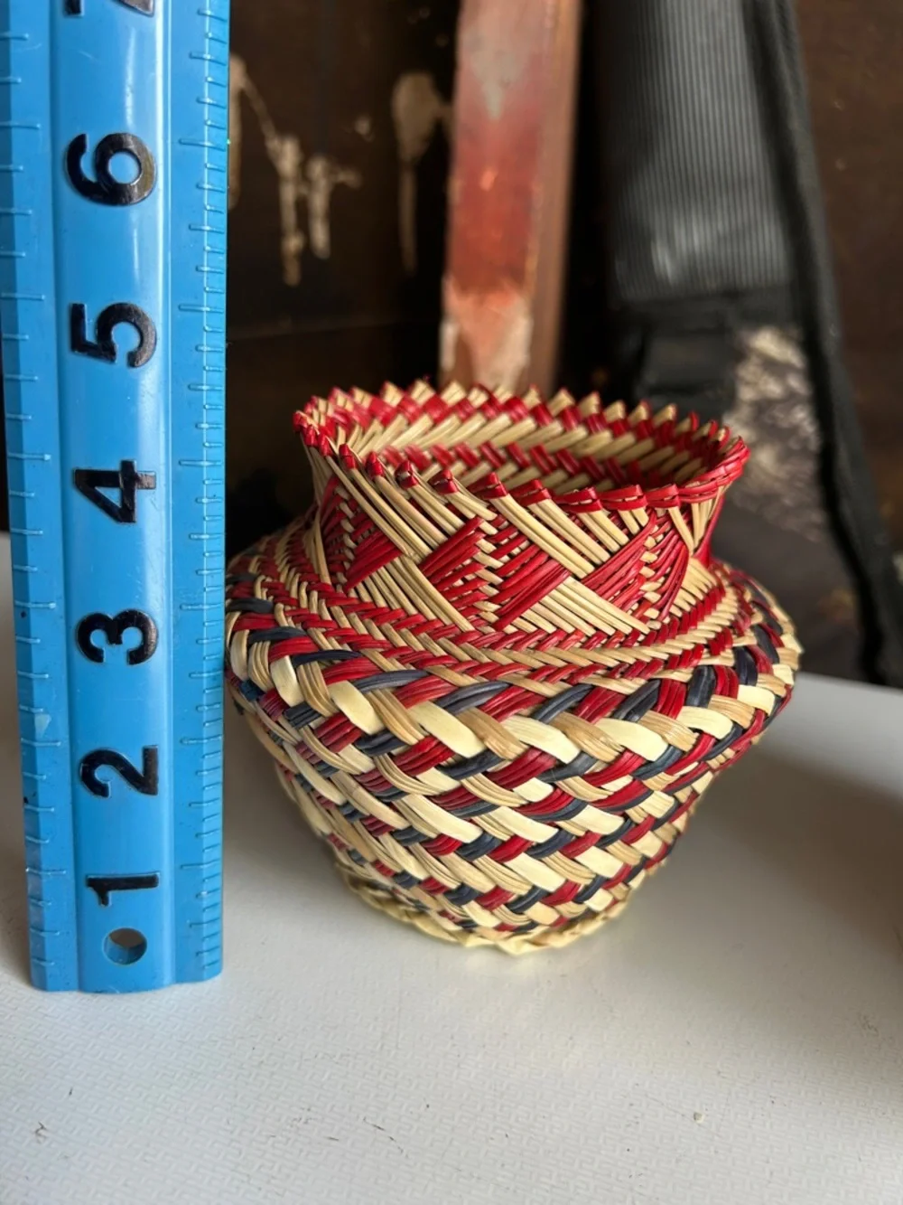 Handwoven Mini Decorative Basket Red & Natural Geometric Woven Bowl
